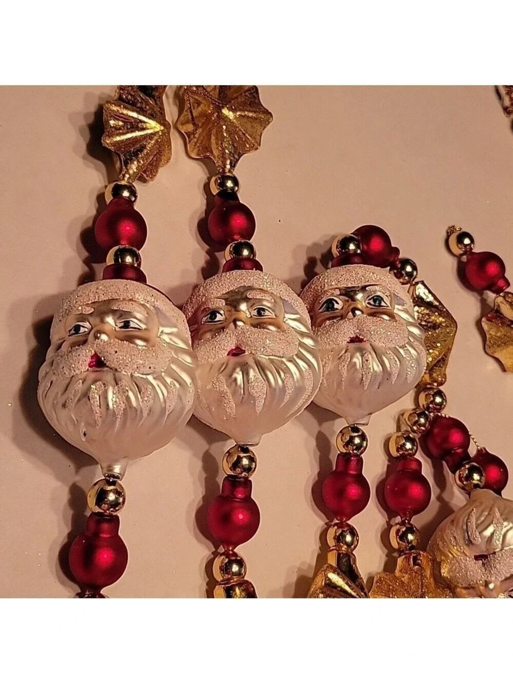 Glass Molded Shimmery Santa Face/Gold Star Christmas Tree Garland